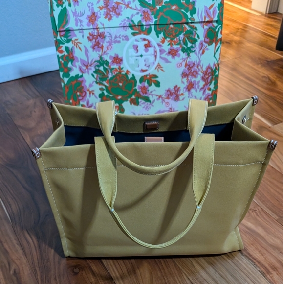 Tory Burch Spacious Silhouette Ella Canvas Canary Tote + Gift Bag Nwt ❤️ - Picture 3 of 8